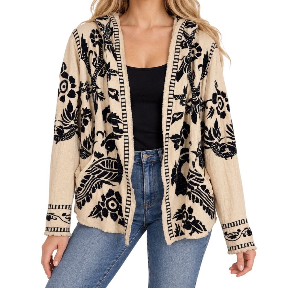 Johnny Was BIYA Sz XL Cream Black Long Sleeve Hoodie Jacket Blouse Shirt Top